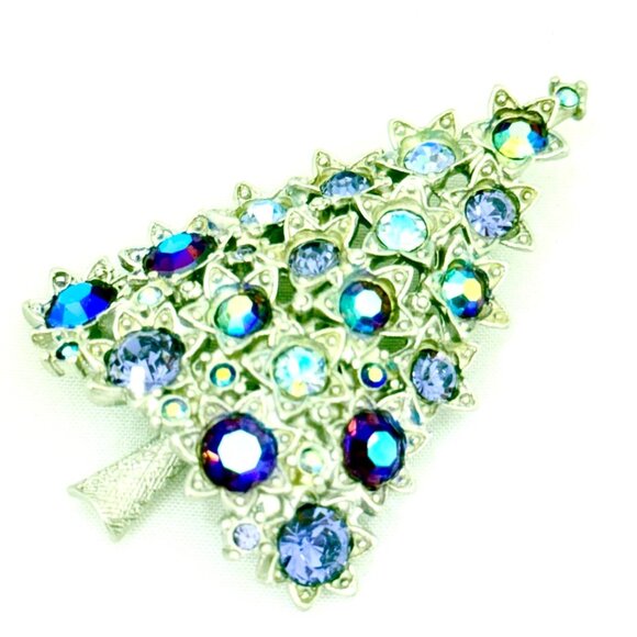 Vintage Christmas Tree Brooch/Pin Silver w/Shades of Blue/Purple Rhinestones - Picture 4 of 6